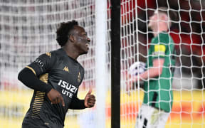Nestory Irankunda of A-League All stars celebrates a celebrates a goal from Jake Hollman during the match against Newcastle United F.C. at Melbourne, Friday, May 24, 2024. (AAP Image/Joel Carrett/ Photosport)