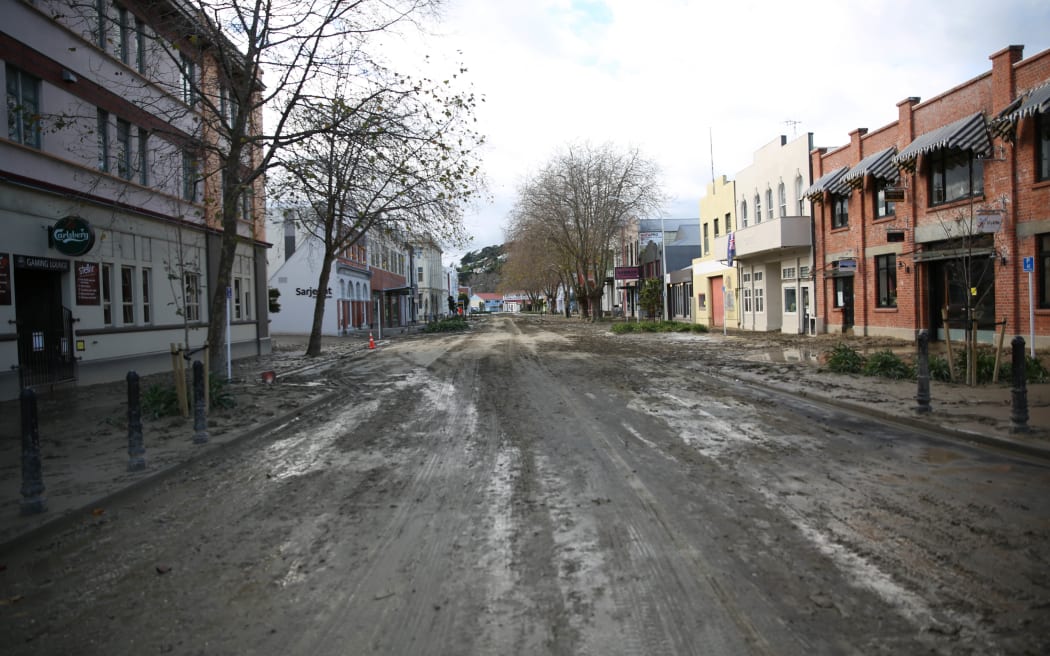 Mud coats Whanganui's Taupo Quay after the weekend's flooding.