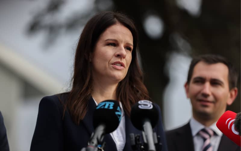 Education Minister Erica Stanford, Energy Minister Simeon Brown and Prime Minister Christopher Luxon make an announcement about solar panels in schools on 3 June 2026 in Christchurch.