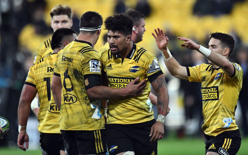 The Hurricanes celebrate their 2019 Super Rugby quarterfinal win over the Bulls in Wellington.