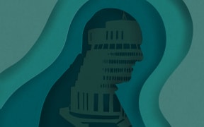 Paper silhouettes of Christopher Luxon and the Beehive