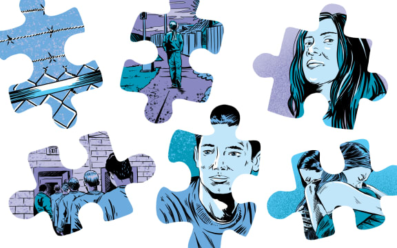 Dark graphic novel style illustrations of youth struggling with trauma, and views inside a youth justice residence framed in puzzle pieces.