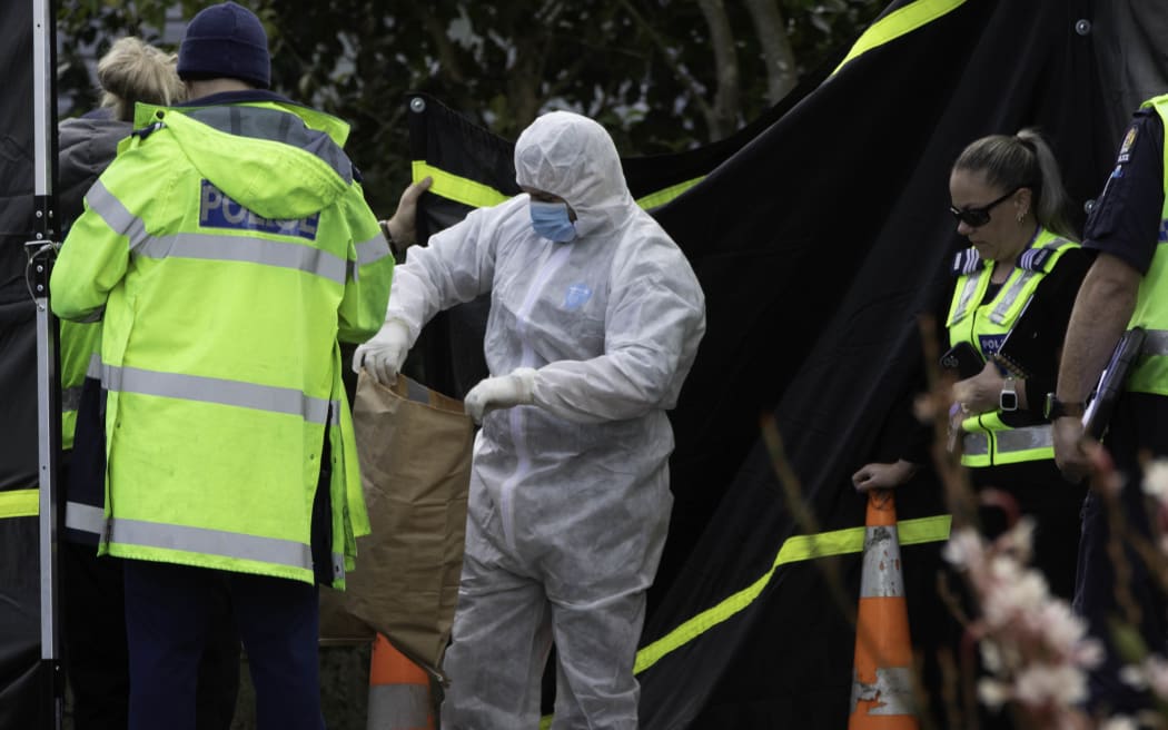 Police set up a tent a the scene of the crash on Naenae Road, Lower Hutt.