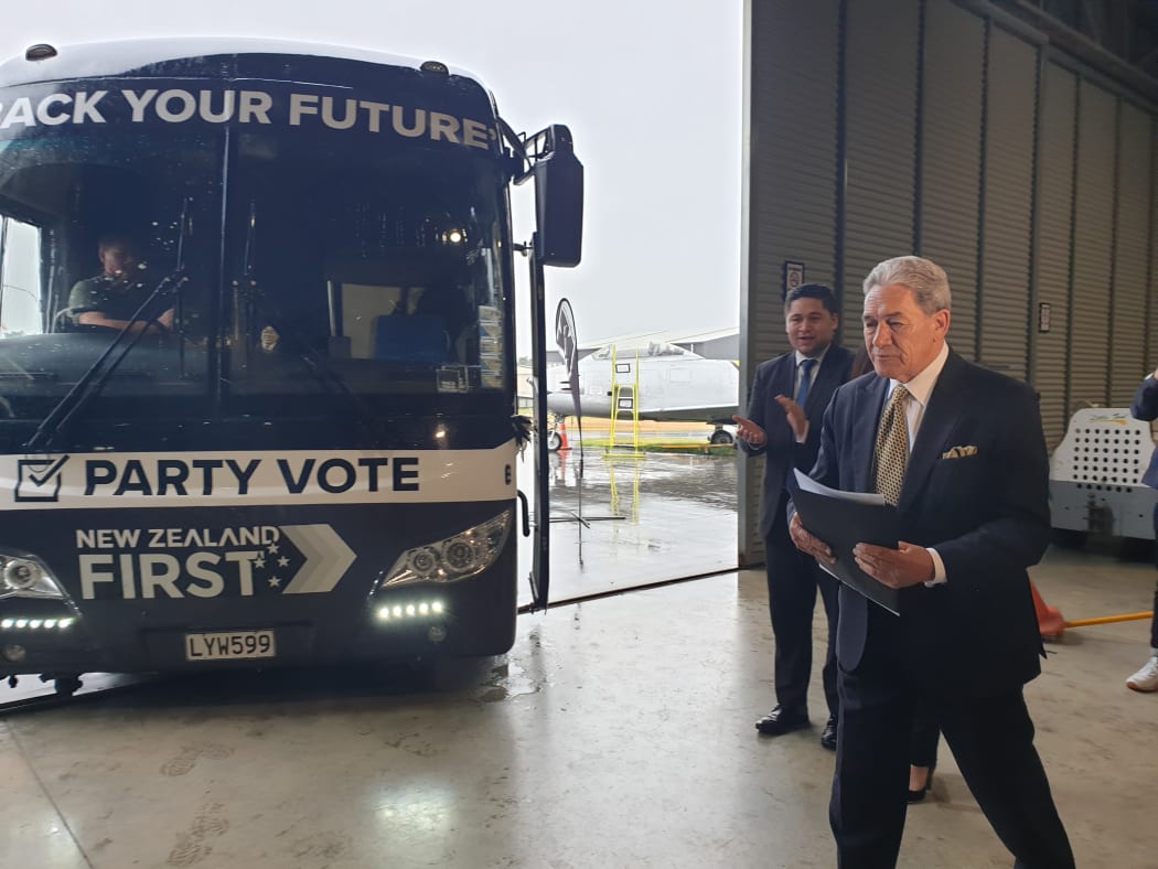 Winston Peters with the NZ First bus on the election campaign in Tauranga.