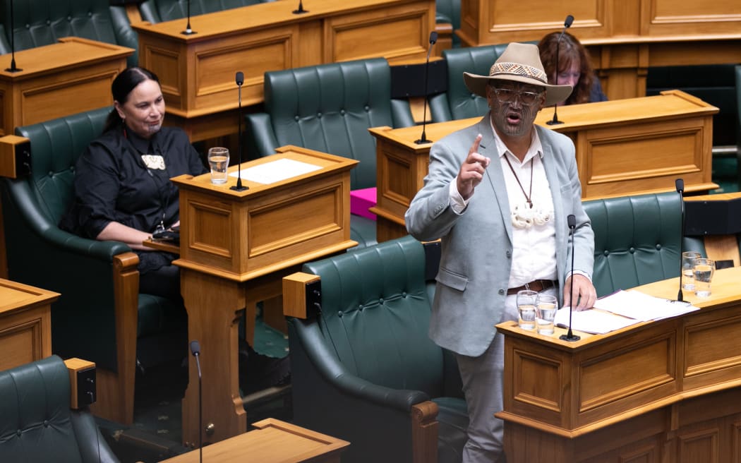 Te Pati Māori MPs Debbie Ngarewa-Packer and Rawiri Waititi (speaking) on the Budget debate, 18 May 2023