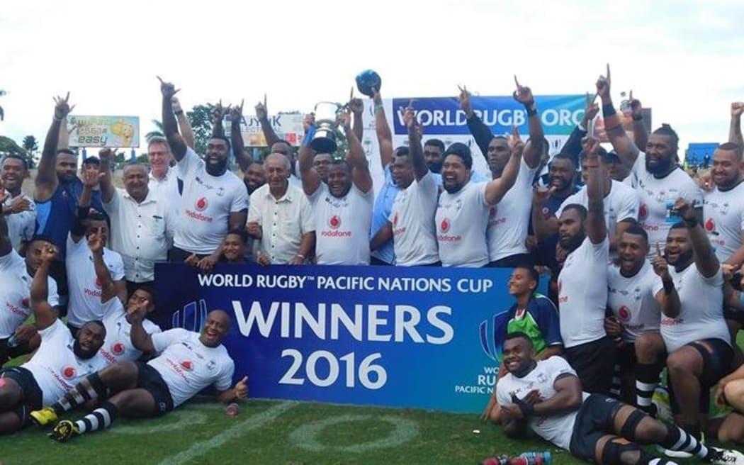 Fiji celebrate winning the Pacific Nations Cup for 2016.