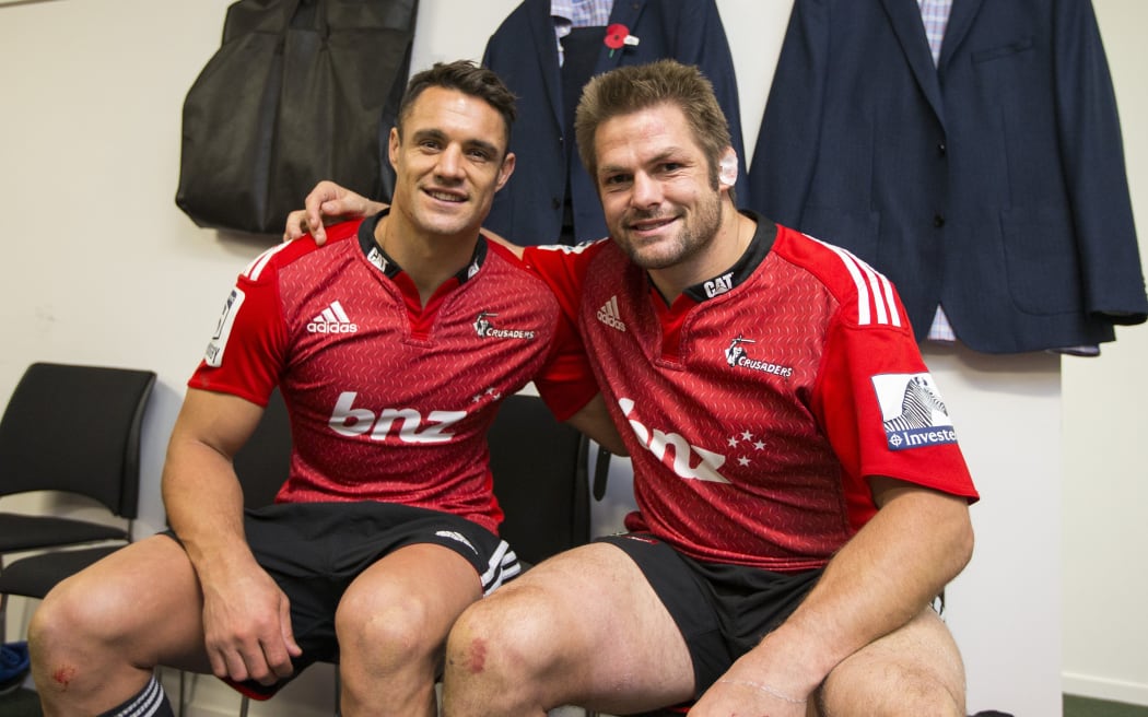 Daniel Carter (L) and Richie McCaw in the sheds after their Christchurch Super Rugby farewell