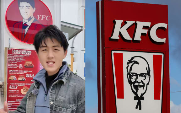 Ben Yang, left, with his Riccarton food truck "YFC," and the KFC logo.