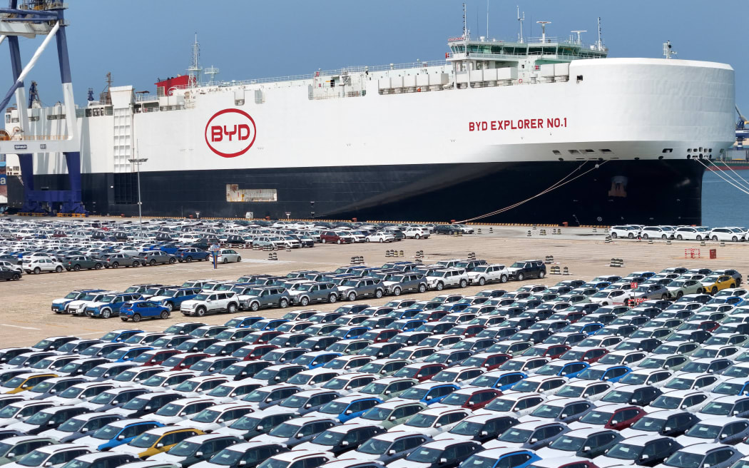 BYD's first car carrier 'BYD Explorer 1' waits for its load at Yantai Port, Shandong province, on July 5, 2024.