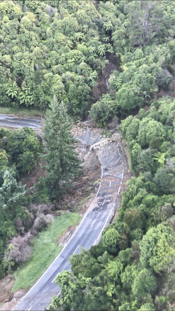 Slips on the Tākaka Hill Rd after Cyclone Gita in February 2018.