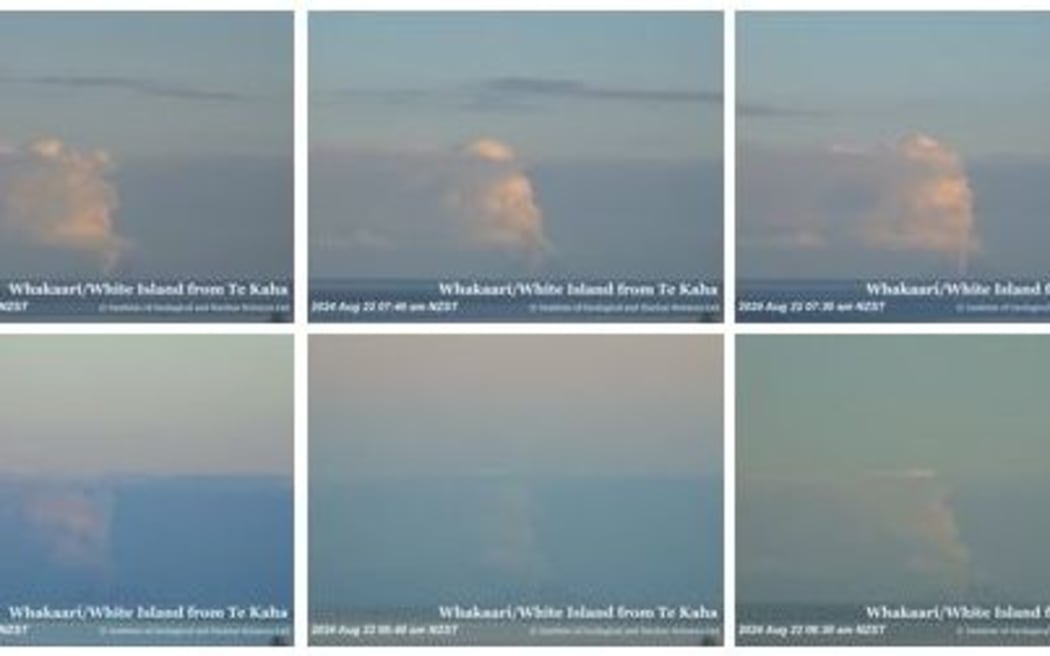 This screenshot of the GNS Whaakari camera shows emissions growing over two hours from 6.20am (bottom right) to 8.10am (top left) on 22 August 2024.