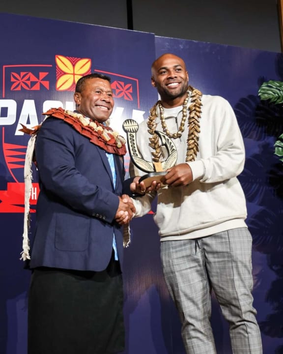 The 'Waisale Serevi Pasifika Breakthrough Player of the Year' award was given to All Black and Auckland Blues winger Mark Telea, right.