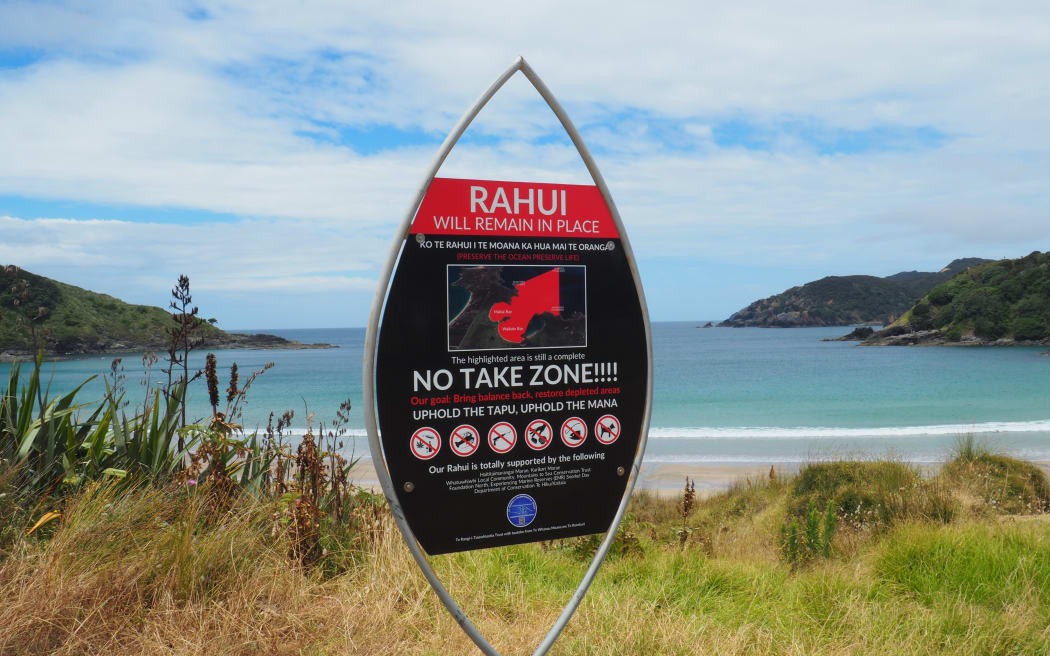 Signs around the bay alert visitors to the no-take rāhui.