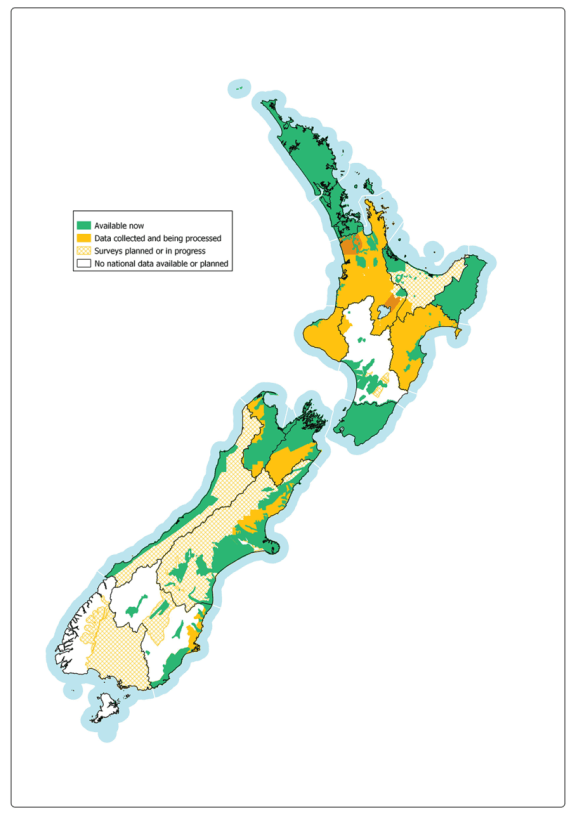 Gaps and coverage of laser topographical mapping in New Zealand as of 2022.