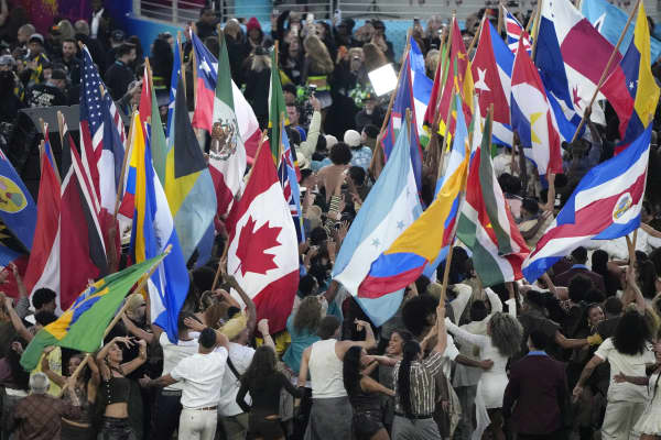 Participants partake in the performance onstage during the Apple Music Super Bowl LX Halftime Show at Levi's Stadium on February 08, 2026 in Santa Clara, California.
