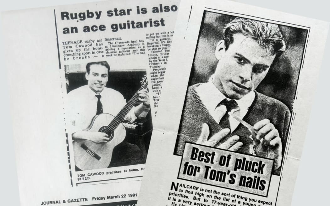 This is a photo of two black and white newspaper cuttings featuring a teenage Tom Cawood.