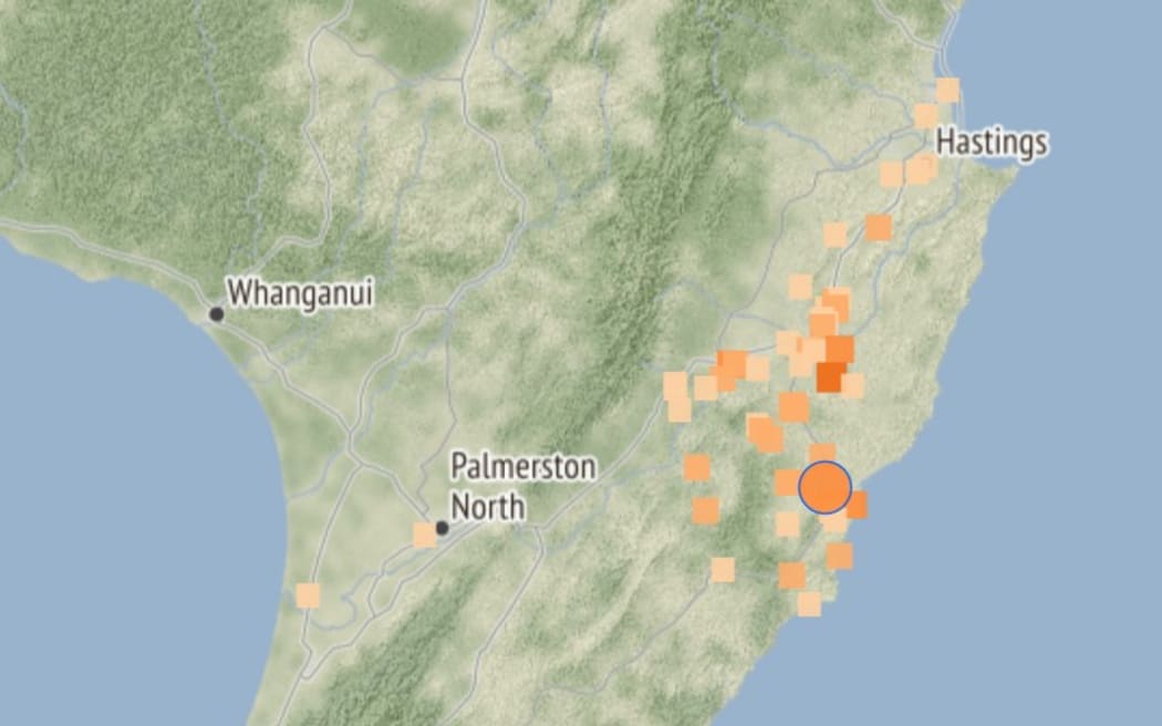 A screenshot of a GeoNet map showing the location of a 4.1 earthquake near Pōrangahau on 21 July 2024.