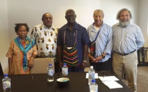 United Liberation Movement for West Papua members Mama Yosepha Alomang, Edison Waromi, Andy
Ayamiseba and Jacob Rumbiak with the Solomon Islands prime minister Manasseh Sogavare (centre),