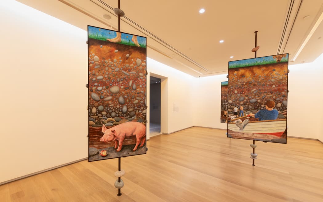 Owen Connors, Land of doubts & shadows, 2024, installation view and detail at Auckland Art Gallery Toi o Tāmaki, 2024. Courtesy of the artist and Robert Heald Gallery.