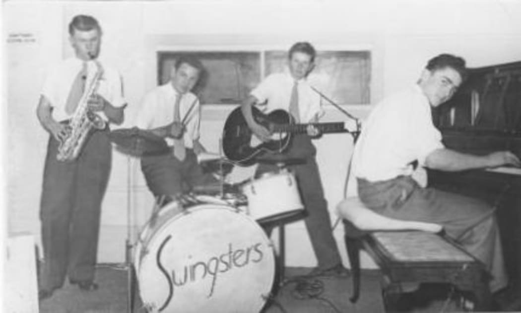 The Swingsters 1957 Magness Recording Studio in Auckland. Kevin Paul,  Bruce King, Ron McDonald, Dick Blundell.