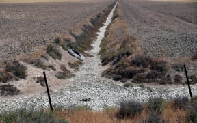 This picture taken on May 11, 2023 shows a dry drainage channel of crops fields, at the Donana National Park in Aznalcaraz, southern Spain. Spain's government today approved measures worth more than two billion euros to alleviate the impact of a prolonged drought that has hit its key agricultural sector. The country's water reserves are on average below 50 percent of capacity, while levels have fallen to roughly 25 percent in the two worst-hit areas –- Andalusia in the south and Catalonia in the northeast. (Photo by CRISTINA QUICLER / AFP)