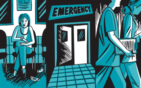 Dark tonal triptich of woman waiting at the Emergency Department, emergency door opening, doctor and nurse walking.