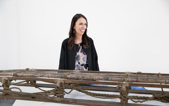 Prime Minister Jacinda Ardern with Ernest Shackleton's sled, Te Papa