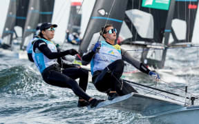 Jo Aleh and Molly Meech at the 49er FX Sailing World Championships 2023.


Credit: Sailing Energy / World Sailing.  12 August 2023.