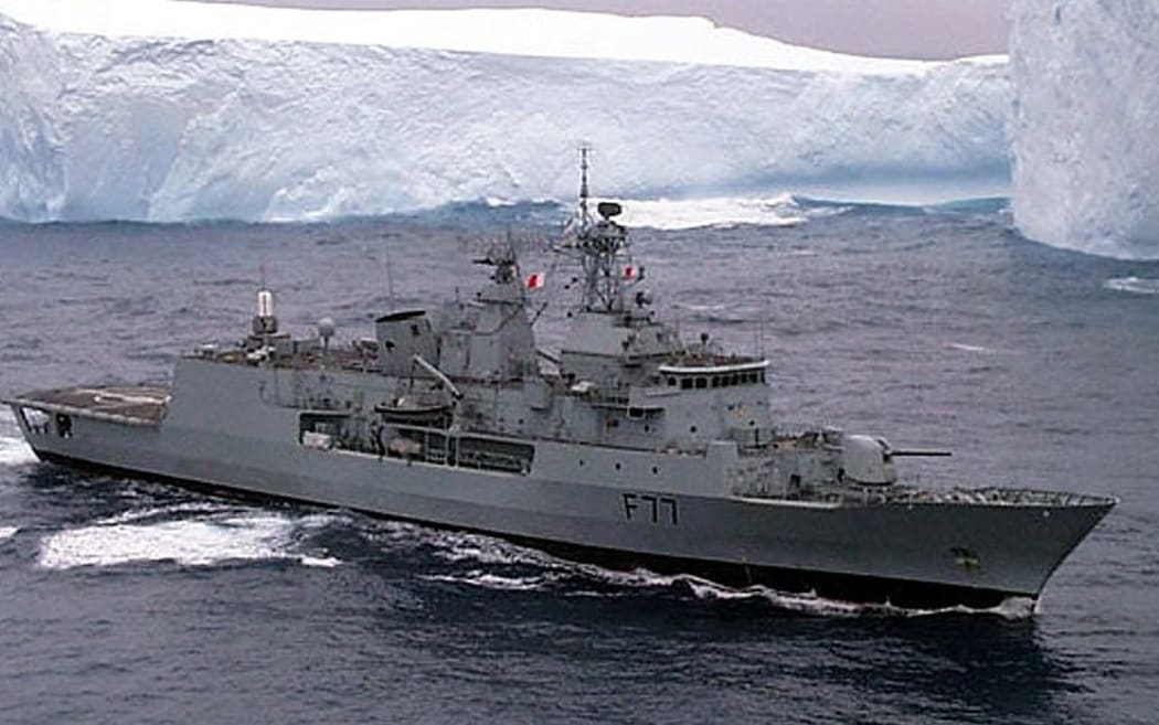 New Zealand's new frigate, Te Kaha, patrols past the Ross Ice Shelf in Antarctica on guard for pirate toothfishing boats.