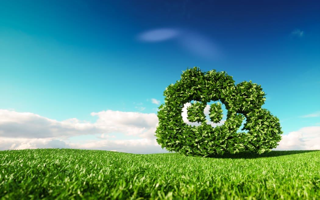 Carbon dioxide emissions control concept. 3d rendering of co2 cloud on fresh spring meadow with blue sky in background.