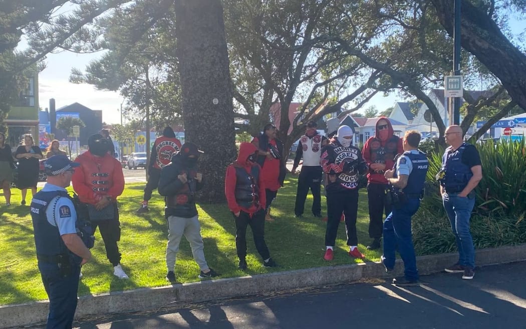 Gang members gathered outside the High Court at New Plymouth for the sentencing of Mongrel Mob West Coast chapter president Turanganui John Ormsby-Turner. Photo / Tara Shaskey