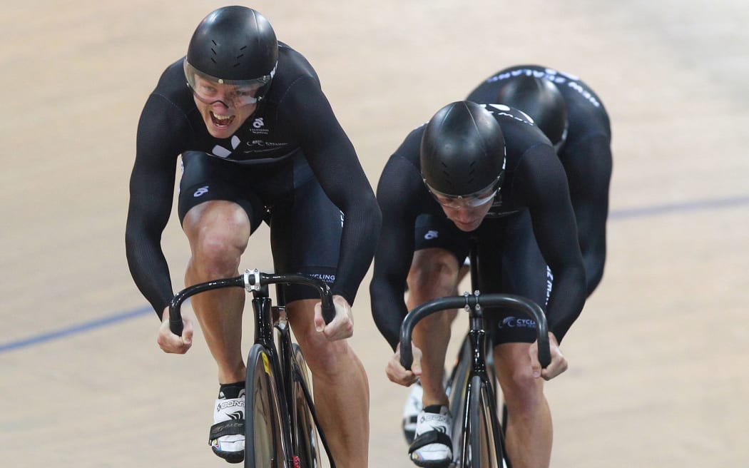 The New Zealand men's sprint team, Sam Webster, Ethan Mitchell and Edward Dawkins.