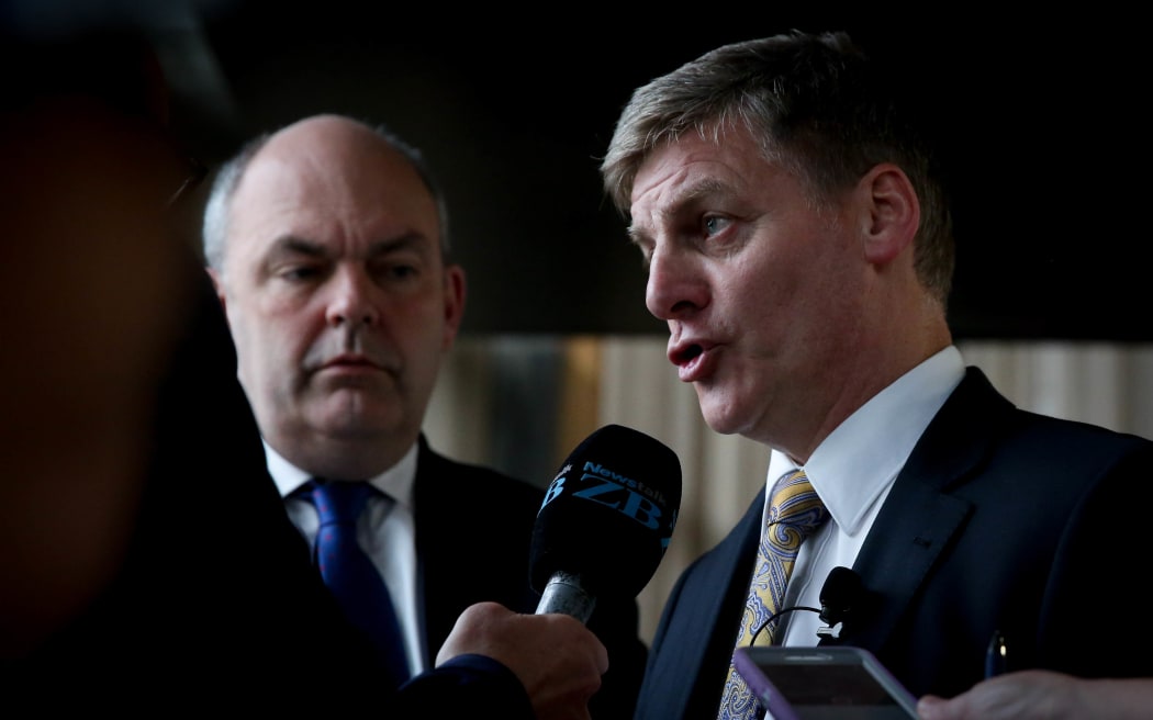 Steven Joyce (left) and Bill English leaving the 2015 Budget lock-up at Banquet Hall, Parliament.