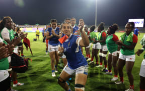 DUBAI, UNITED ARAB EMIRATES - OCTOBER 11: Players of Samoa and Madagascar celebrate each-others achievements following the WXV 3 2024 match between Samoa v Madagascar at The Sevens 2 Stadium on October 11, 2024 in Dubai, United Arab Emirates. (Photo by Christopher Pike - World Rugby/World Rugby via Getty Images)