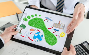 Carbon footprint concept shown by a businessman