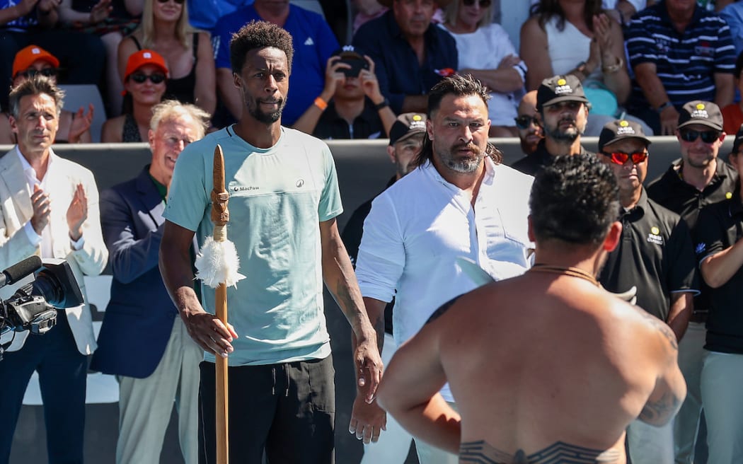 Gael Monfils of France receives a traditional greeting during the Singles Grand Final Match of the 2025 Men’s ASB Classic.