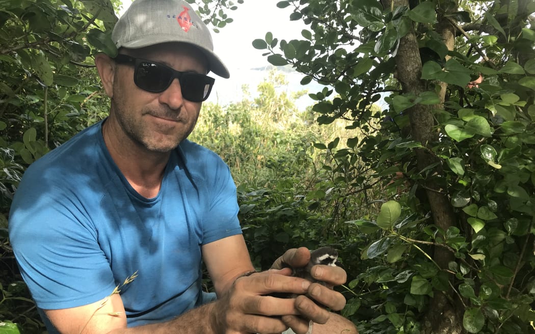 A man in a blue tshirt, cap and sunglasses holds a small grey and white bird in his hands.
