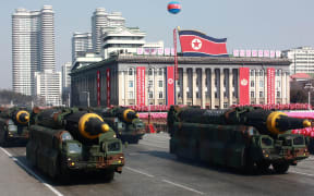 This photo taken on 8 February 2018  by North Korea's official Korean Central News Agency (KCNA) shows Hwasong-12 ballistic missiles during the military parade to mark the 70th anniversary of the Korean People's Army at Kim Il Sung Square in Pyongyang.