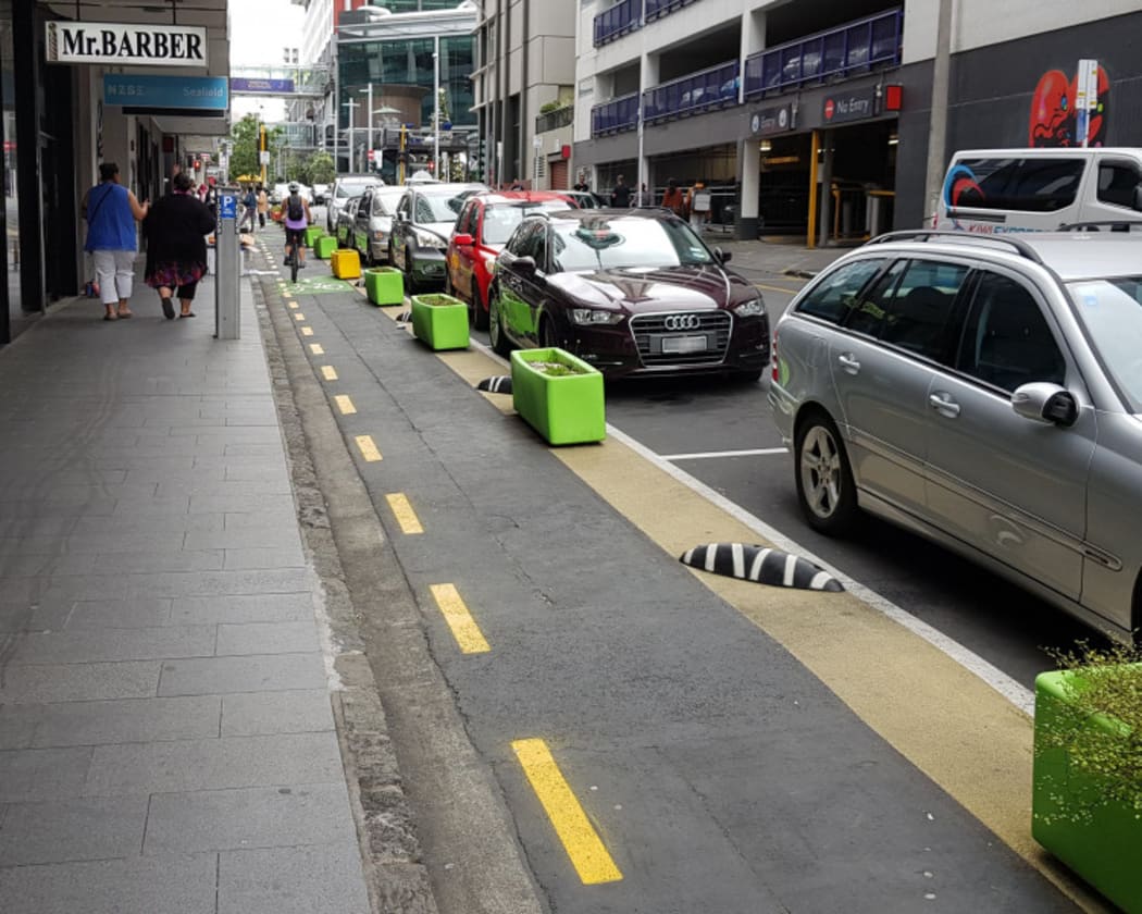 The trial cycleway and pedestrian space on Federal Street in Auckland.