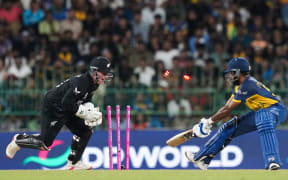 Sri Lanka's Pawan Tathnayake is stumped by Black Caps wicketkeeper Tim Seifert during the T20 World Cup Super 8 match in Colombo.