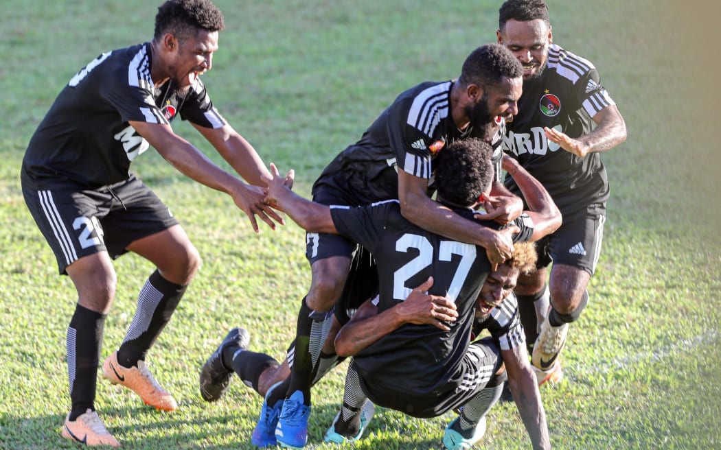 Hekari United players celebrate a goal as they claimed a 2-0 win over Solomon Warriors at the OFC Men's Championship League in Tahiti on Sunday. Photo: OFC/Phototek