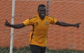 Nilua Nickson Nikau celebrates scoring for the Vanuatu U23 Olympic team.