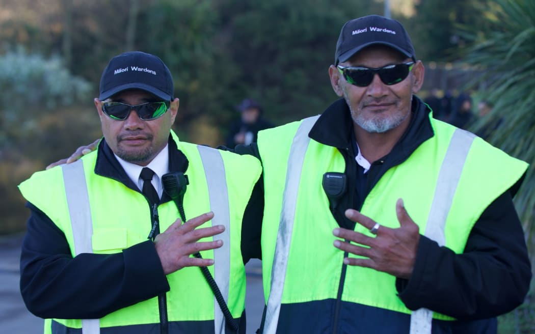 Māori Wardens Hohepa (right) and Dave (left) have been at Tuurangawaewae since 4am, ready for the Kiingi's tangi, 5 September 2024.