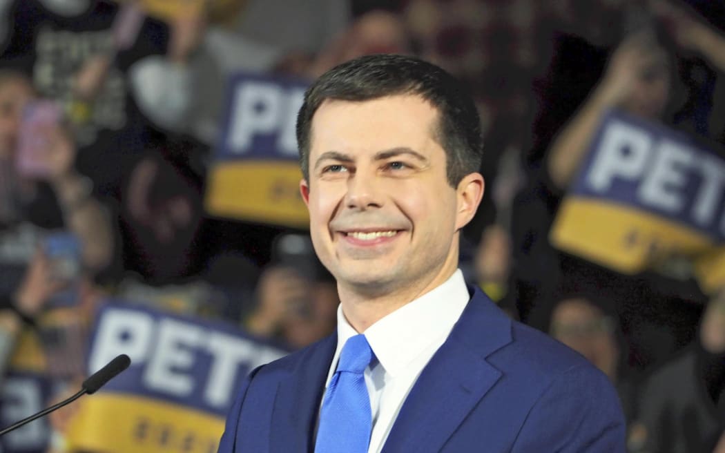 Pete Buttigieg thanks supporters during a rally in Nashua, New Hampshire on Feb. 11, 2020.