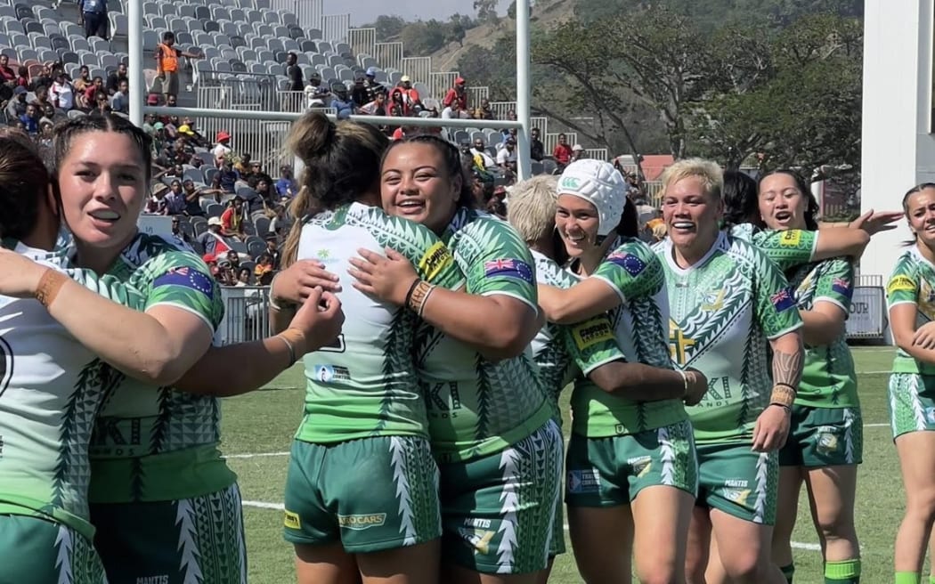 Cook Islands Moana players celebrate their 34-6 win over PNG on Saturday 18 October, 2025, in Port Moresby.