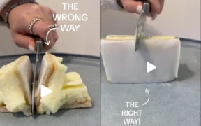 A composite image showing two methods of cutting a custard slice, as shown by Ferguson Plarre Bakehouse, Melbourne