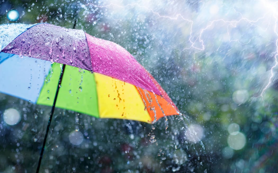 Rain On Rainbow Umbrella - Weather Concept - Spring And Fall Shower With Abstract Defocused Drops And Light Flare Effects