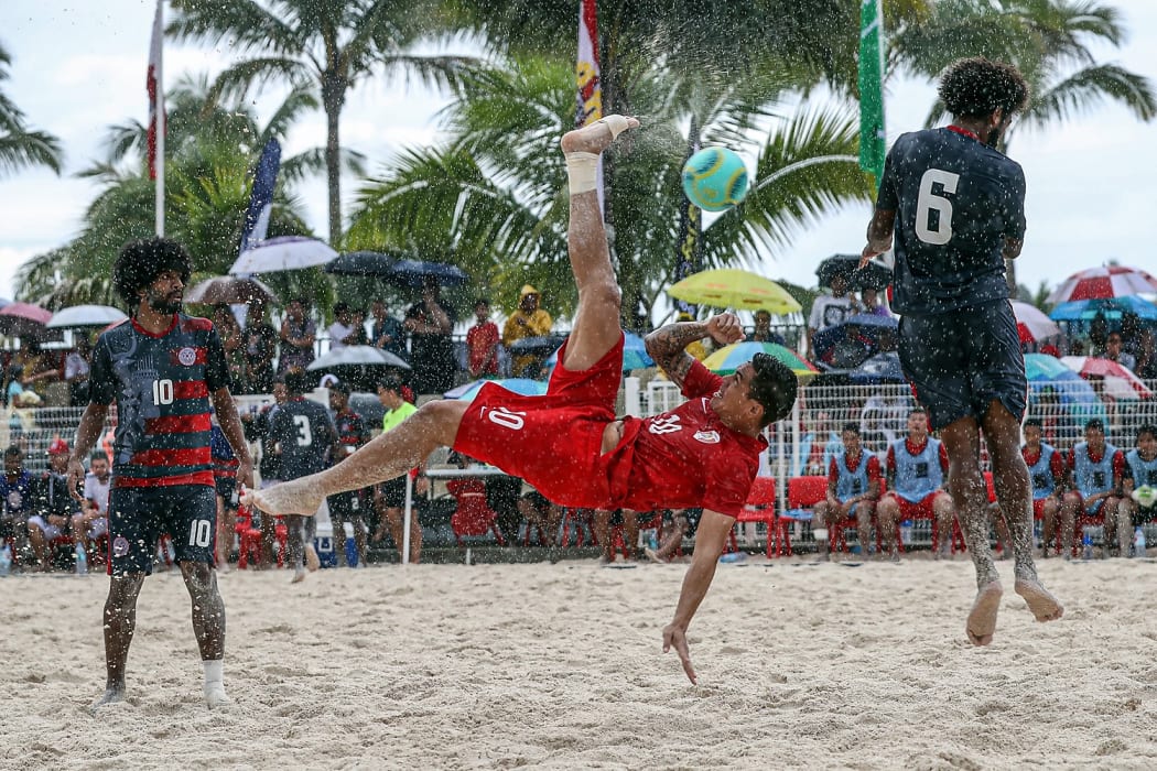 Tahiti's Tearii Labaste does a bicycle kick during the Tiki Toa's 10-0 win over New Caledonia.