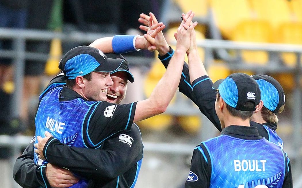 Adam Milne celebrates his amazing catch on the boundary against Australia, Wellington, New Zealand. Saturday 6th February 2016. Copyright Photo.: Grant Down / www.photosport.nz