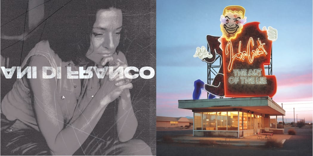 The covers from albums by Ani DiFranco (sitting pensively), and John Grant (an image of a roadside diner with an elaborate neon sign on the roof)